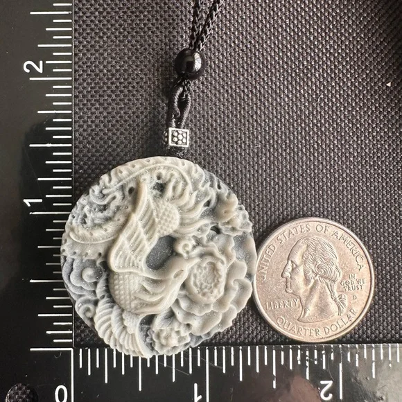 Tai Chi Stone Phoenix an Dragon Pendant Necklace on Black Adjustable Rope - Picture 12 of 13